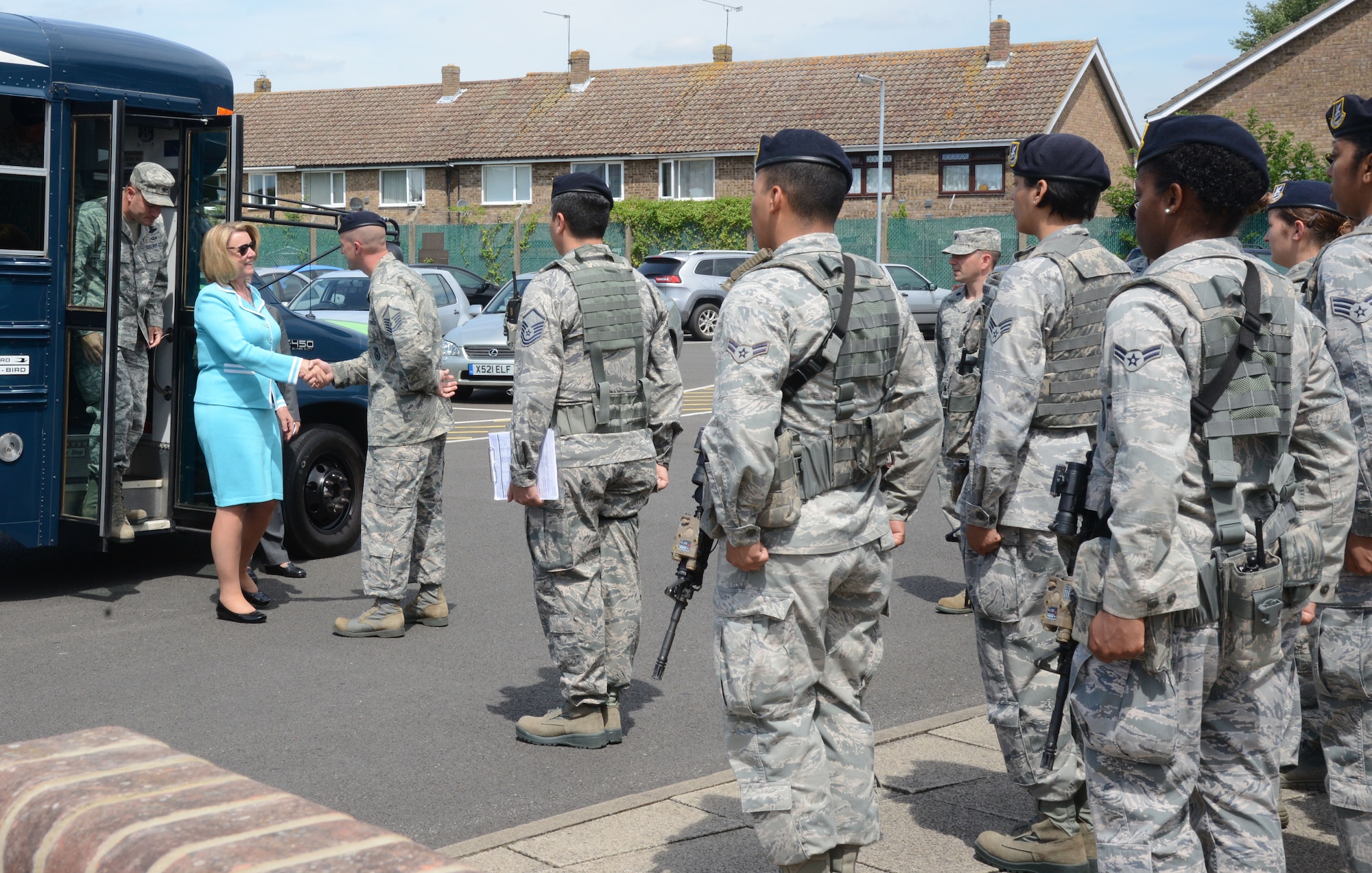 Secretary of the Air Force Deborah Lee James meets 100th Security Forces Squadron Airmen July 16, 2014, at RAF Mildenhall, England. During her visit to the base, James met with various Team Mildenhall Airmen in their workplaces and received briefings on how Team Mildenhall units play an important role in fulfilling U.S. Air Forces in Europe-Air Forces Africa’s mission of “Forward, Ready, Now.” (U.S. Air Force photo/Airman 1st Class Victoria Taylor/Released)