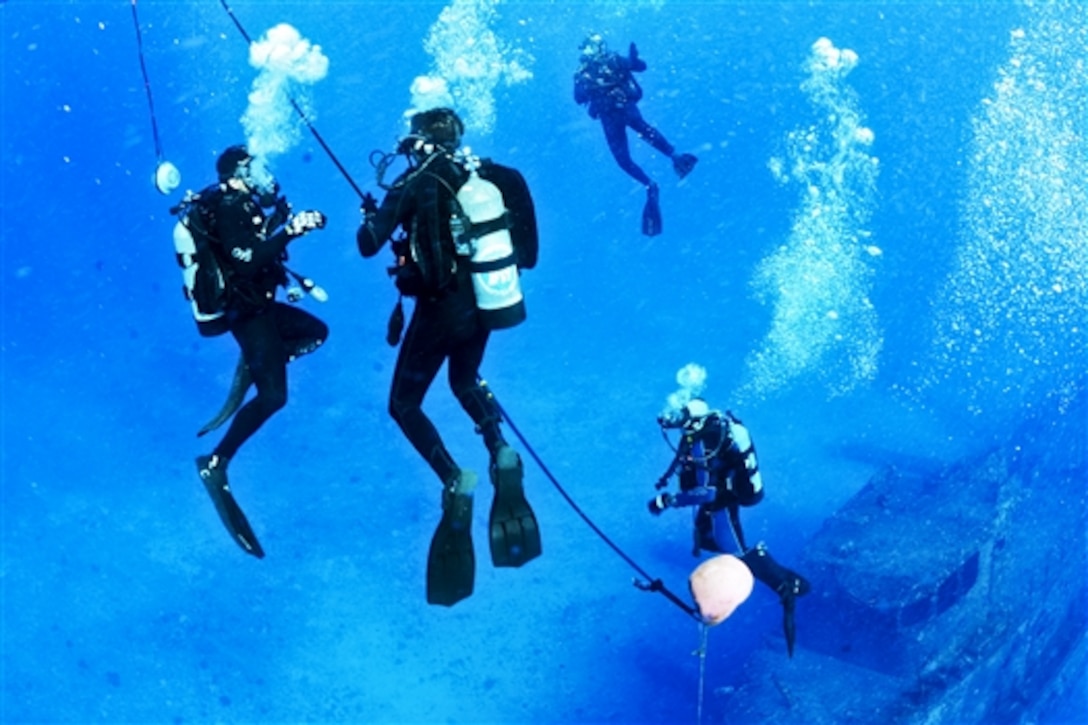 Navy divers participate in a scuba dive during Rim of the Pacific Exercise 2014 in the Pacific Ocean, July 9, 2014. Twenty-two nations, more than 40 ships and submarines, more than 200 aircraft and 25,000 personnel are participating in the exercise in and around the Hawaiian Islands. The Navy divers are assigned to Mobile Diving and Salvage Unit 1, Australian Clearance Diving Team One.