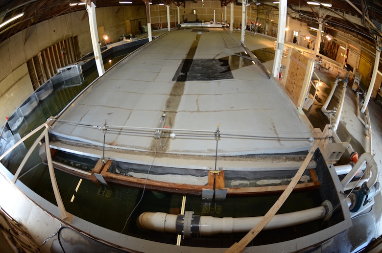 The 80-foot by 70-foot model of the Maple River aqueduct, constructed by the University of Minnesota St. Anthony Falls Laboratory at UMore Park in Rosemount, Minn.