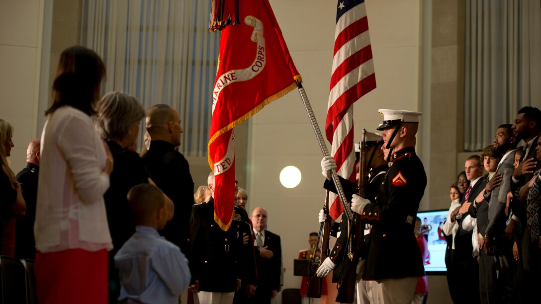 Color Guard Marines from Marine Barracks Washington present military honors for Commandant of the Marine Corps Gen. James F. Amos during the start of the Marine Corps Scholarship Foundation announcement ceremony hosted at the Ronald Reagan building in Washington, July 15, 2014. Since 1962 the Marine Corps Scholarship Foundation has awarded more than 30,00 scholarships valued at more than 80 million dollars.
