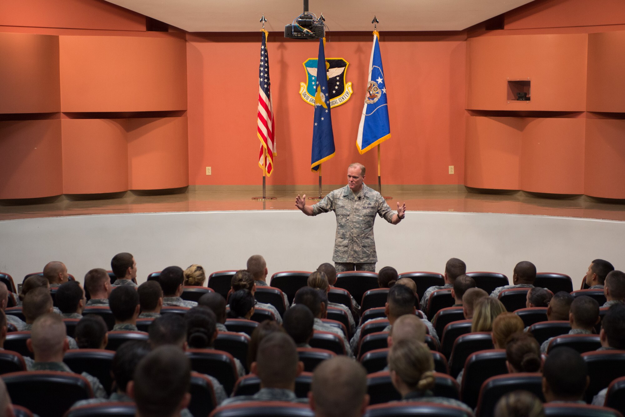 Chief Master Sgt. of the Air Force James A. Cody speaks to Airmen during an Airmen's Call July 11, 2014, on Travis Air Force Base, Calif. During his three-day visit, Cody discussed the future of the Air Force and force management challenges with Travis AFB Airmen. (U.S. Air Force photo/Ken Wright)