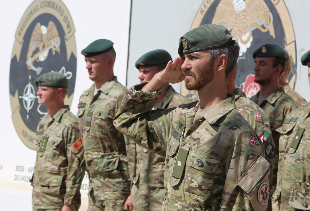 Danish soldiers, with the Danish Contingent International Security Assistance Force 17 (DANCON ISAF-17) to Afghanistan, participate in the Danish Flag Lowering ceremony aboard Camp Leatherneck, Helmand province, Afghanistan, July 21, 2014. The lowering of the Danish Flag over Camp Leatherneck formally concludes the country's participation in Regional Command (Southwest). (Official U.S. Marine Corps photo by Sgt. James D. Pauly, Marine Expeditionary Brigade Afghanistan/Released)