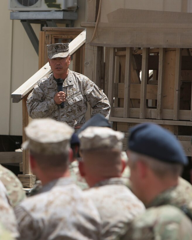 Brig. Gen Daniel D. Yoo, commander of Regional Command Southwest (RC(SW)), speaks during the Georgian Flag Lowering ceremony aboard Camp Leatherneck, Helmand province, Afghanistan, July 15, 2014. The lowering of the Georgian Flag over Camp Leatherneck formally concludes the country's participation in RC(SW), since 2004. (Official U.S. Marine Corps photo by Sgt. Dustin D. March/Released)