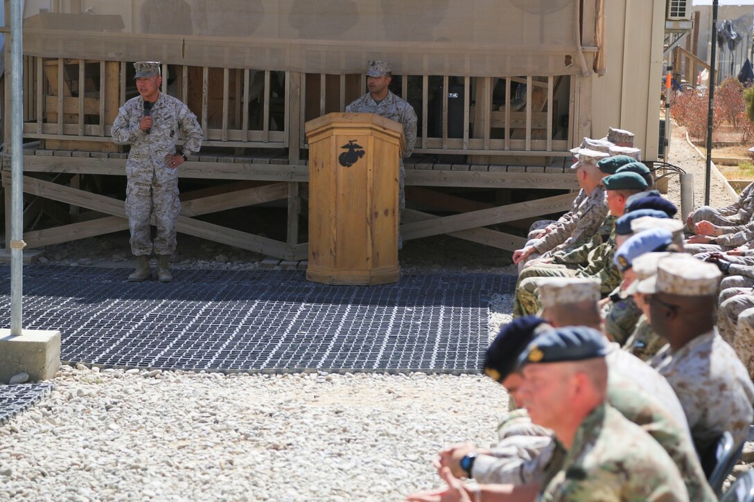 Danish soldiers, part of the Danish Contingent International Security Assistance Force 17 (DANCON
ISAF-17), participate in the Flag Lowering Ceremony aboard Camp Leatherneck, Helmand province, Afghanistan, July 21, 2014. The lowering of the Danish flag over Camp Leatherneck formally concludes the county's participation in RC(SW).
(Official U. S. Marine Corps photo by Sgt. Dustin D. March/Released)