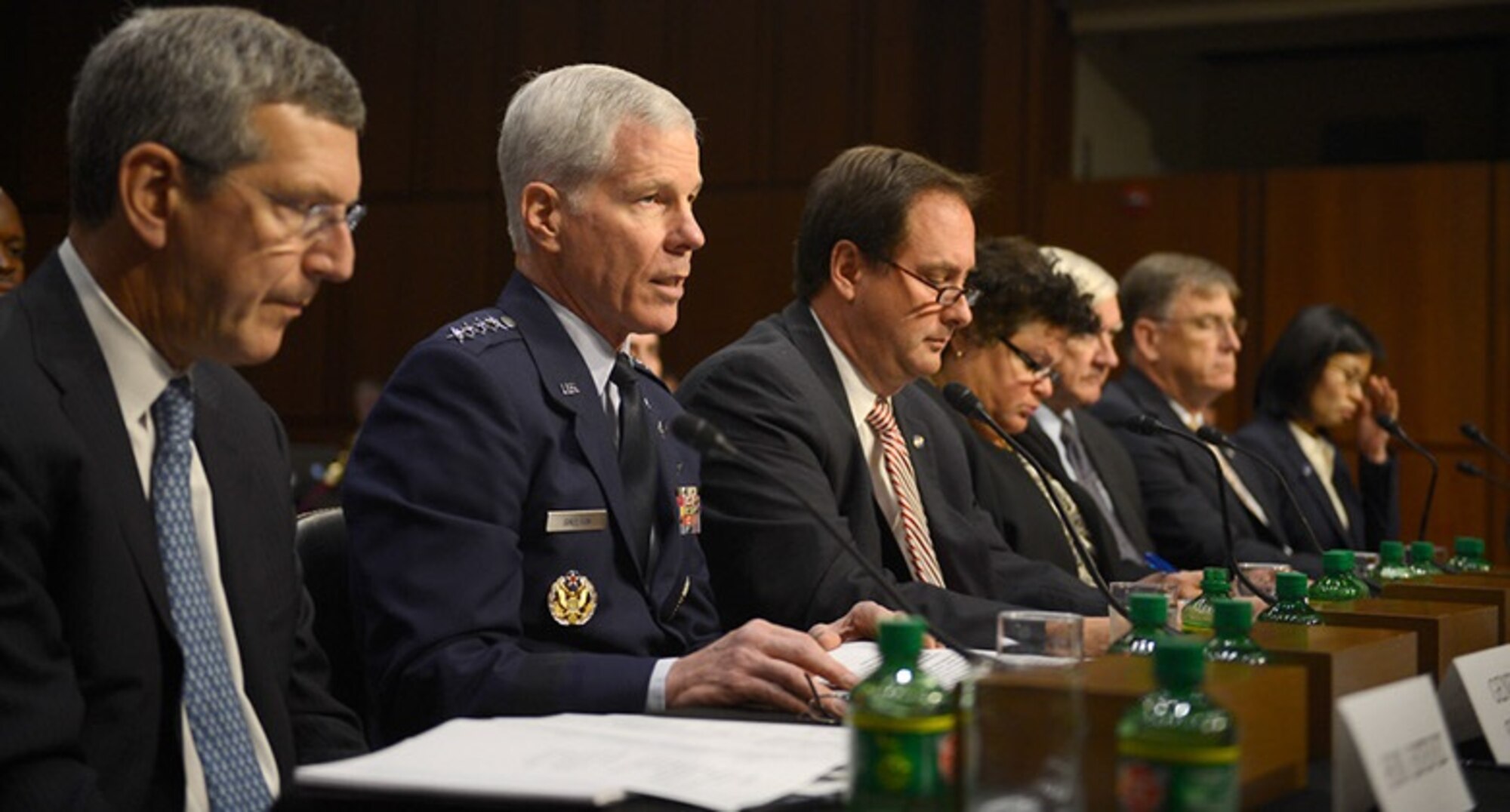 Gen. William L. Shelton, Commander of Air Force Space Command, testifies before the Senate Subcommittee on Strategic Forces and Committee on Commerce, Science, and Transportation, July 16, 2014, in Washington, D.C.  He shared the panel with Honorable Alan F. Estevez, Principal Deputy Under Secretary of Defense for Acquisition, Technology and Logistics; Robert M. Lightfoot Jr., Associate Administrator, National Aeronautics and Space Administration; Cristina T. Chaplain, Director, Acquisition and Sourcing Management, Government Accountability Office; retired U.S. Air Force Maj. Gen. Howard J. Mitchell, Vice President, Program Assessments, The Aerospace Corporation; Daniel L. Dumbacher, Professor of Practice, Department of Aeronautics and Aerospace Engineering, Purdue University; and Dr. Yool Kim, Senior Engineer, The RAND Corporation.  Together, they provided testimony on, “Assured Access to Space.”  (U.S. Air Force photo/Scott M. Ash)