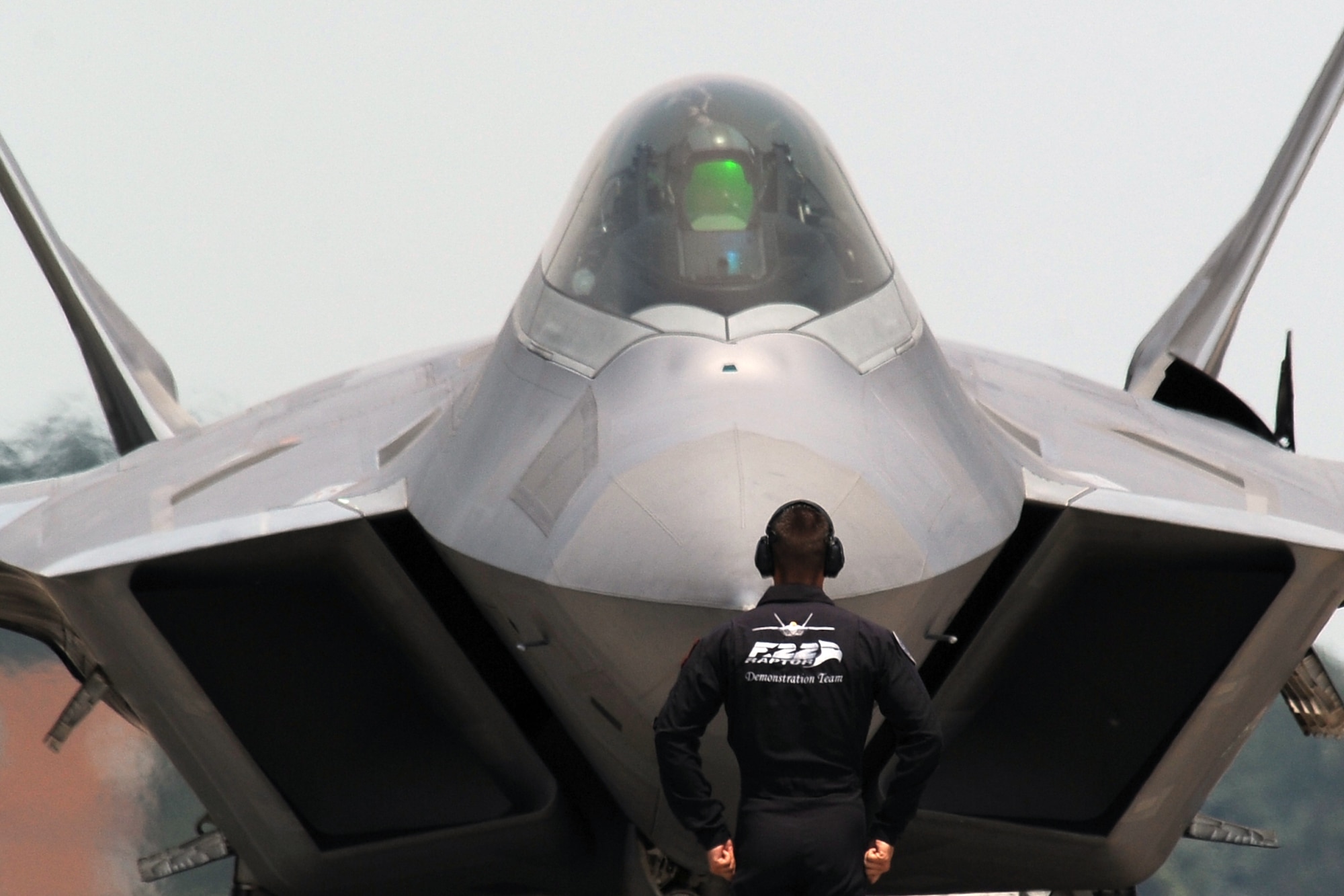 The U.S. Air Force’s F-22 Raptor Demonstration Team prepares to take off from the Offutt Air Force Base, Nebraska runway for the 2014 Defenders of Freedom Open House and Air Show July 19. The F-22 Demo Team was one of the premier acts for the Defenders of Freedom Air Show.  (U.S. Air Force photo by Josh Plueger/Released)