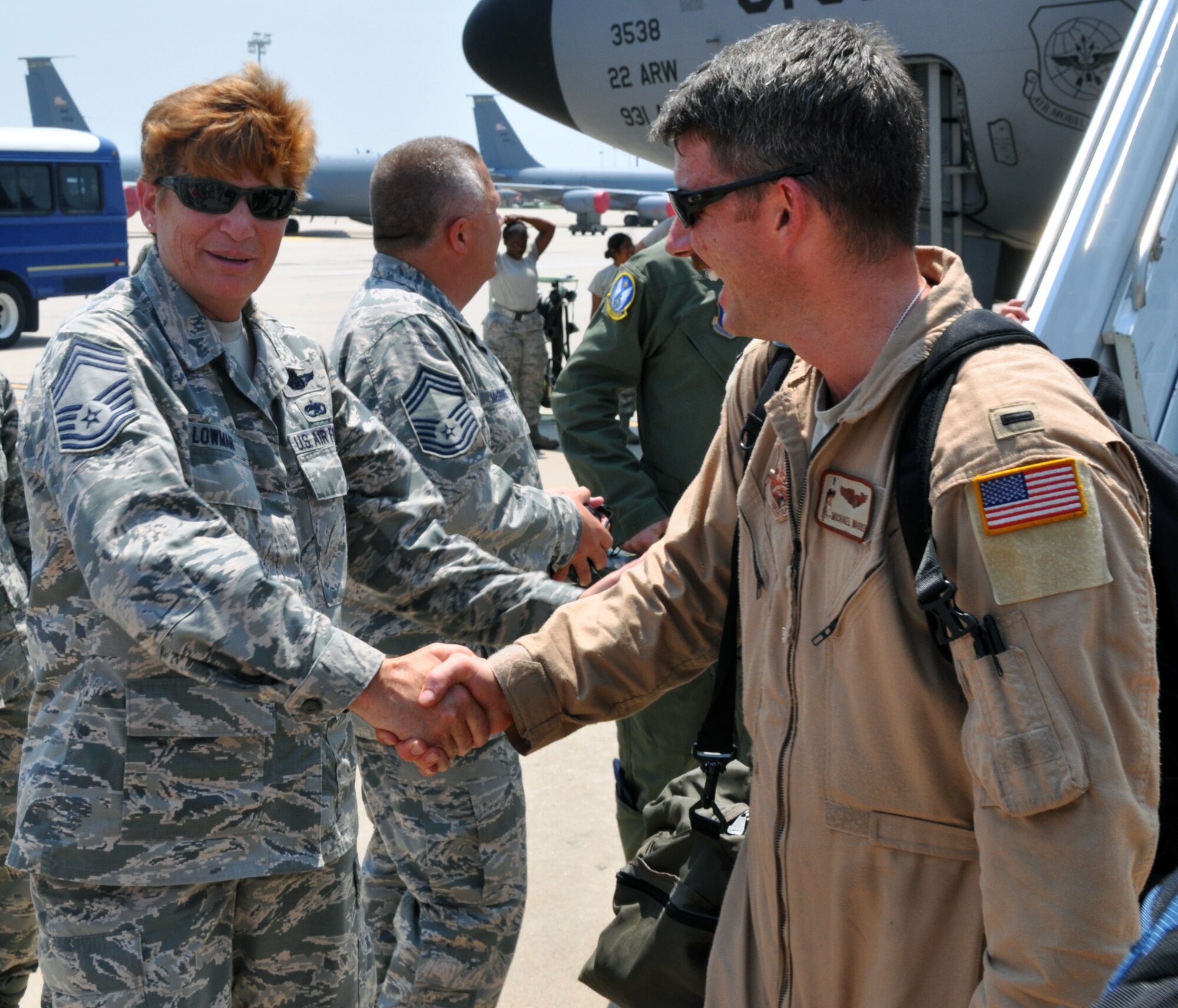 Members of the Air Force Reserve 931st Air Refueling Group are welcomed home to McConnell Air Force Base, Kan., July 21, 2014.  The Citizen Airmen had served a 60-day deployment to Al Udeid Air Base, Qatar, as part of the 379th Air Expeditionary Wing.  (U.S. Air Force photo by Capt. Zach Anderson)      