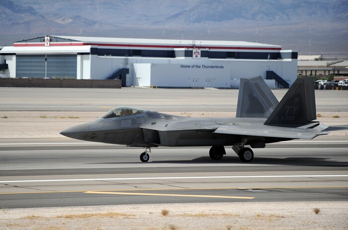 An F-22 Raptor assigned to the 325th Fighter Wing, Tyndall Air Force Base, Fla., taxis after landing during Red Flag 14-3 at Nellis Air Force Base, Nev., July 15, 2014. Red Flag is a realistic combat training exercise aimed to provide real-world combat scenarios within a controlled environment. (U.S. Air Force photo by Staff Sgt. Siuta B. Ika)