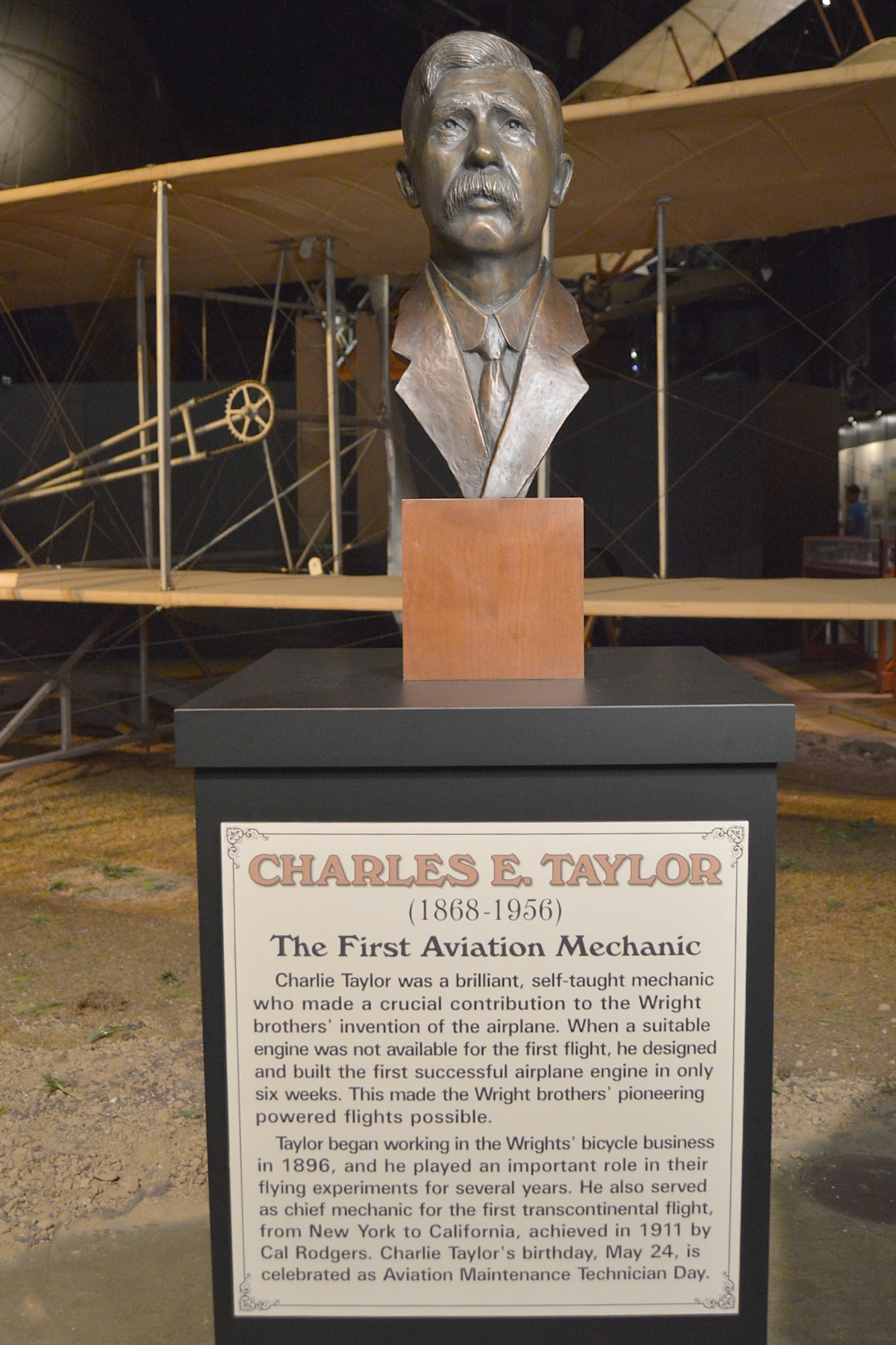Dayton, Ohio - A bronze bust honoring the first aviation mechanic, Charles E. Taylor, is now on permanent display in the National Museum of the U.S. Air Force's Early Years Gallery. (U.S. Air Force photo by Ken LaRock)