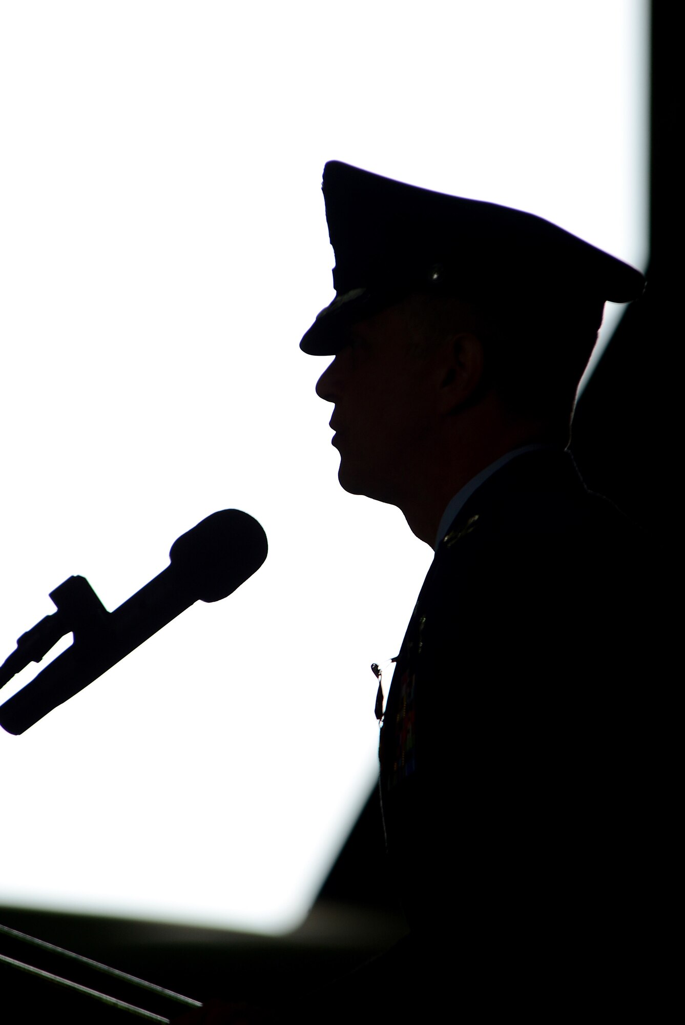 Col. Kyle Robinson, 48th Fighter Wing outgoing commander, delivers his final speech as commander to about 1,000 people during the 48th FW change of command ceremony in Hangar 7 at Royal Air Force Lakenheath, England, July 21, 2014. (U.S. Air Force photo by Airman 1st Class Dana J. Butler/Released)