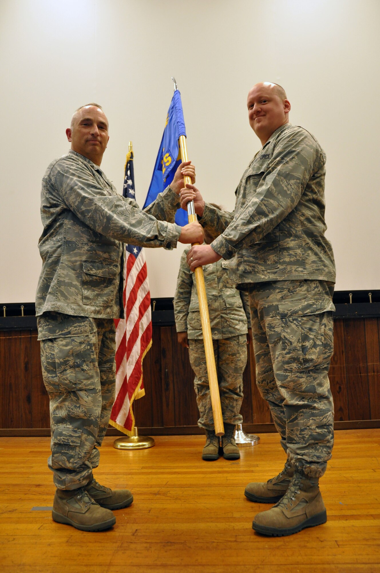 U.S. Air Force Maj. Luke Stumme, commander of the Civil Engineering Squadron, poses with Col. Scott Russell, commander of the 459th Mission Support Group, during a Change of Command Ceremony at Joint Base Md., July 19, 2014. Stumme assumes command from Lt. Col. Christopher Blanchette. (U.S. Air Force photo/ Staff Sgt. Katie Spencer) 