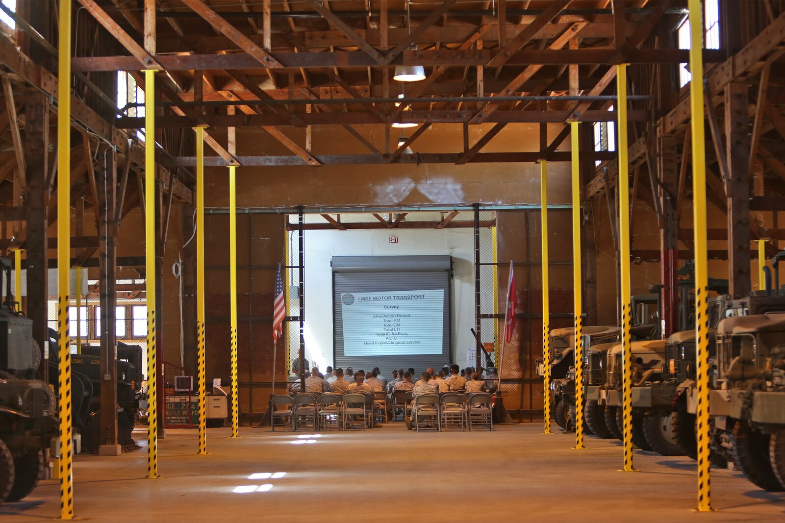 Marines with 1st Marine Logistics Group and 1st Marine Expeditionary Force participate in a motor transportation conference aboard Camp Pendleton, Calif., July 10, 2014. The event provided its participants with a overview of the logistics and motor transportation side of the Marine Corps, and how the processes apply in a forward environment, where 1st MLG complements IMEF’s expeditionary capabilities. In addition, the forum gave its participants a dynamic environment where they could communicate with each other freely and discuss current issues, improvements and solutions within the field of motor transport. “It’s important to keep everyone at all levels well-informed,” said 1st Lt. Dominic Svatos, motor transportation platoon commander with 7th Engineer Support Battalion, 1st MLG, and a Kansas City, Mo., native. “The more junior NCOs can disseminate the information effectively to their platoons and the information can filter down to the lower levels, keeping them updated.” 