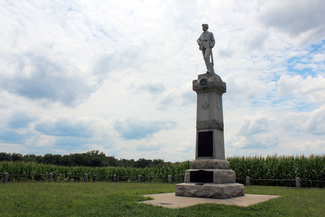 The New Jersey Monument on Monocacy National Battlefield. The first fighting of the battle took place at a farm near this location where Union troops held the approaches to the main bridge across the Monocacy River.
