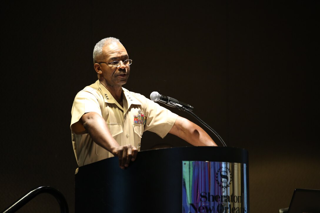 Lt. Gen. Ronald L. Bailey, deputy commandant of Plans, Policies and Operations, addresses the audience at the 49th Annual Montford Point Marine Association Convention here, July 18, 2014. Bailey addressed chapter leaders, members and original Montford Point Marines on current operations, informing the audience of ongoing global Marine Corps missions. (U.S. Marine Corps photo by Cpl. Tiffany Edwards)