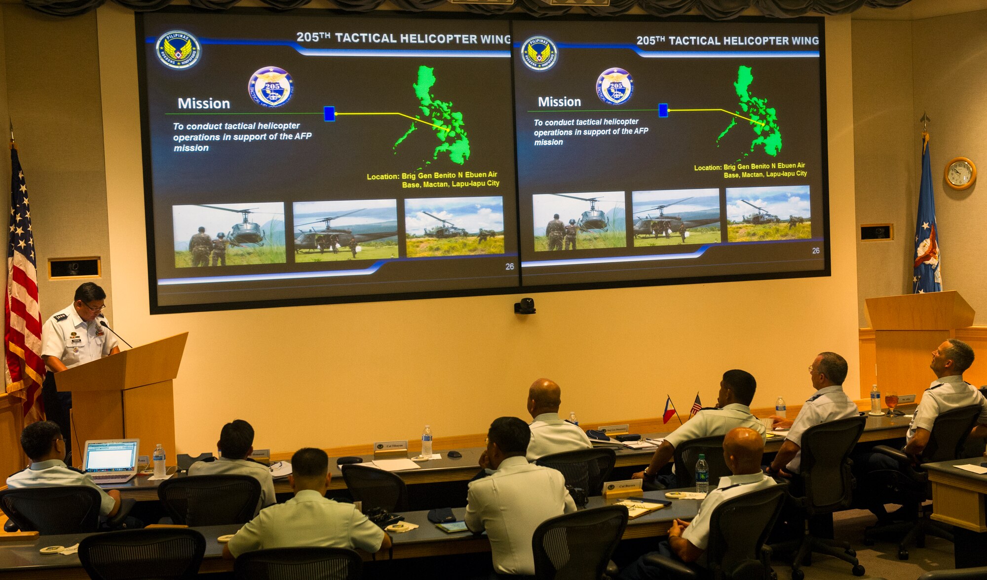 Airmen from Pacific Air Forces and the Philippine Air Force conduct Airman-to-Airman talks at the Aloha Conference Center July 22, 2014 on Joint Base Pearl Harbor-Hickam, Hawaii. The talks between PACAF and Philippine Air Force leaders were conducted in an effort to solidify partnerships between the two forces. (U.S. Air Force photo by Staff Sgt. Nathan Allen/Released)
