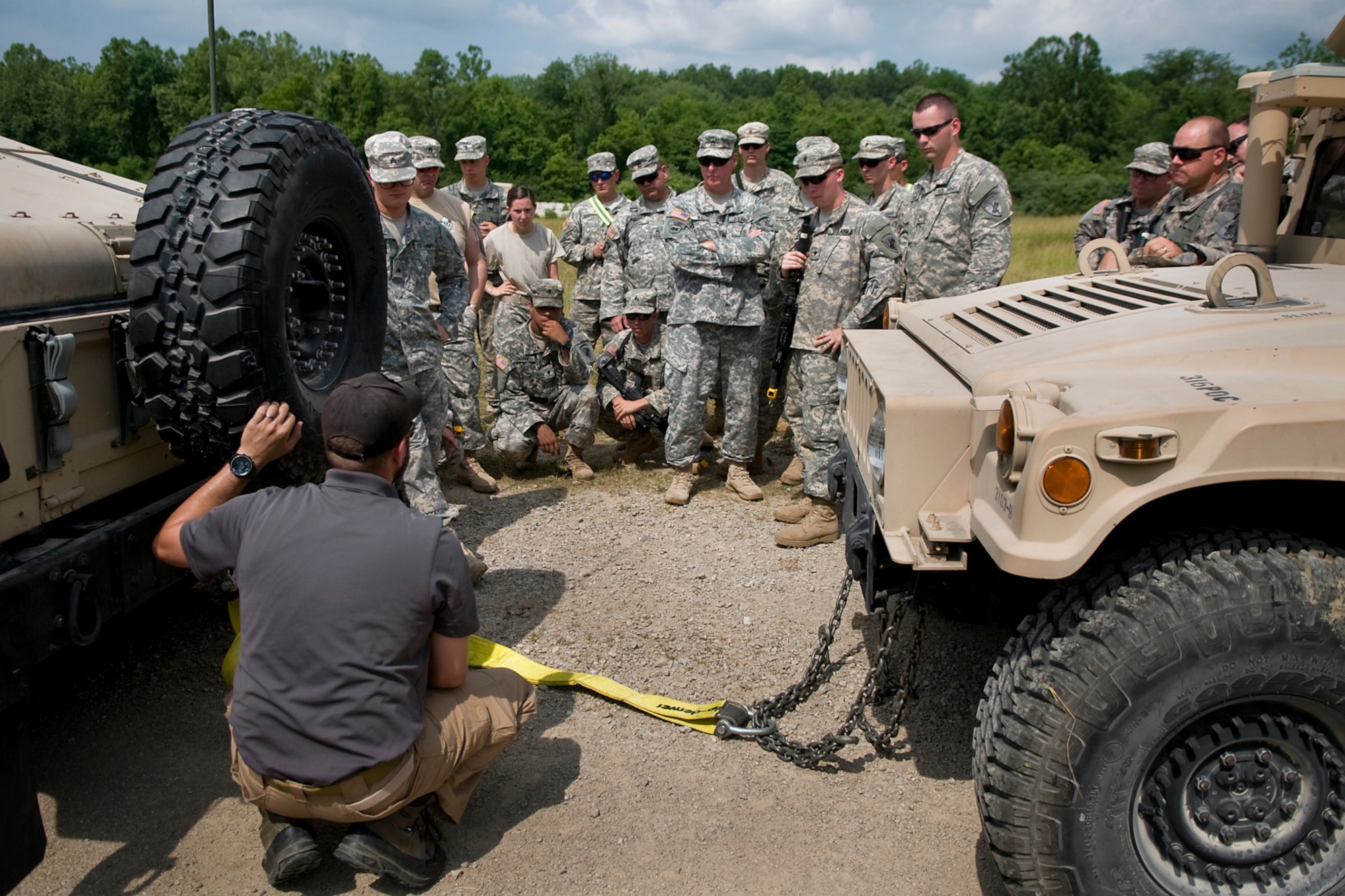 Michael Demo, a training integrator with the Counter IED Integration Cell at Camp Atterbury Joint Maneuver Training Center, Ind., explains how to tow a disabled Humvee to 316th Psychological Operations Company PSYOP specialists from Grissom Air Reserve Base, Ind., at Camp Atterbury , June 19, 2014. More than 30 Grissom PSYOP Soldiers took part in an intensive military support operations training at Camp Atterbury. (U.S. Air Force photo/Tech. Sgt. Mark R. W. Orders-Woempner)
