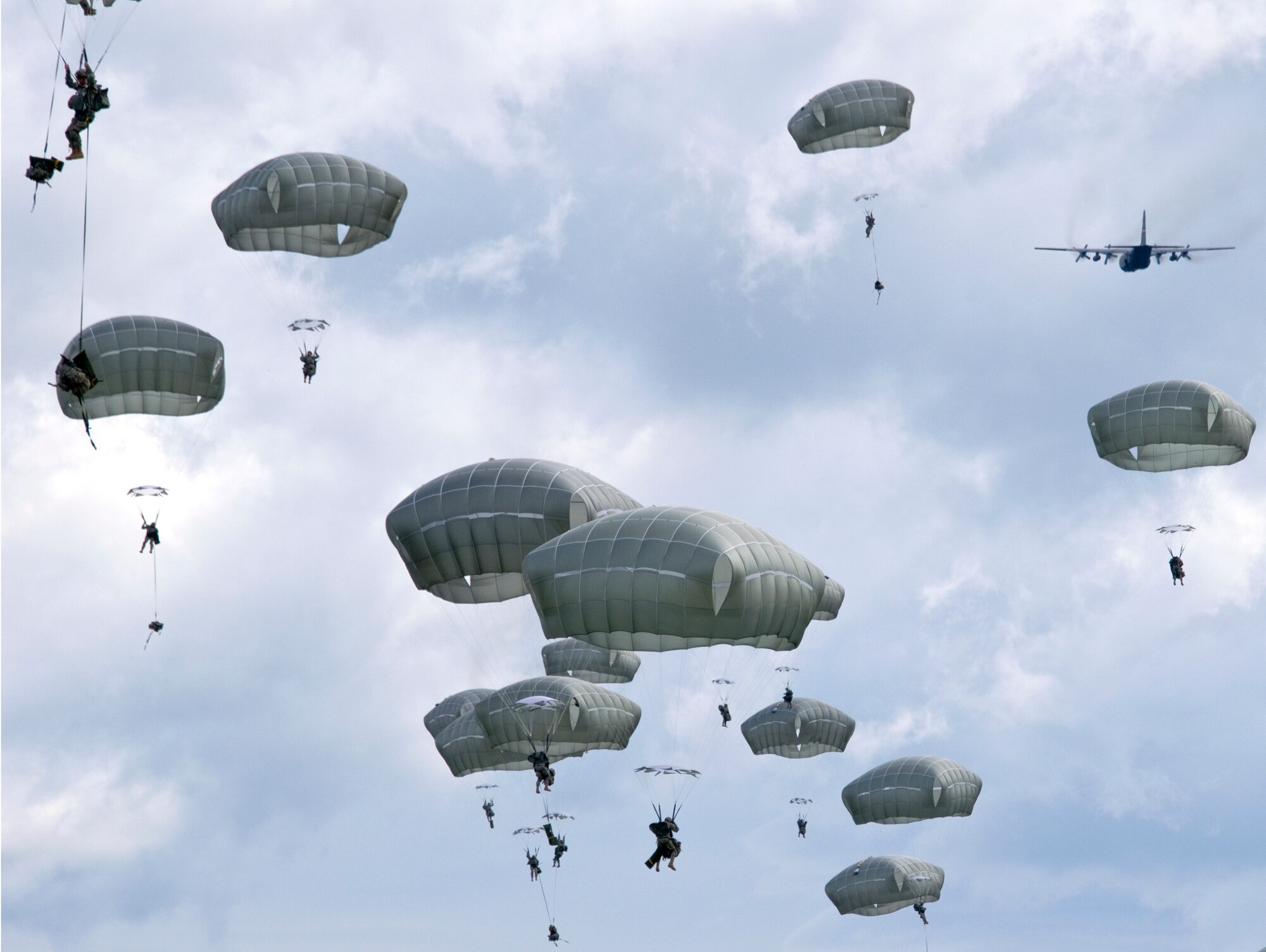 Paratroopers with the 4th Infantry Brigade Combat Team (Airborne), 25th Infantry Division jump from an Alaska Air National Guard C-130 Hercules here as part of a Joint Force Entry Exercise on June 7, 2014. The six-day exercise involved more than 1,500 personnel including active duty Army, Air Force and Air National Guard. (U.S. Air National Guard Photo by Capt. John Callahan)