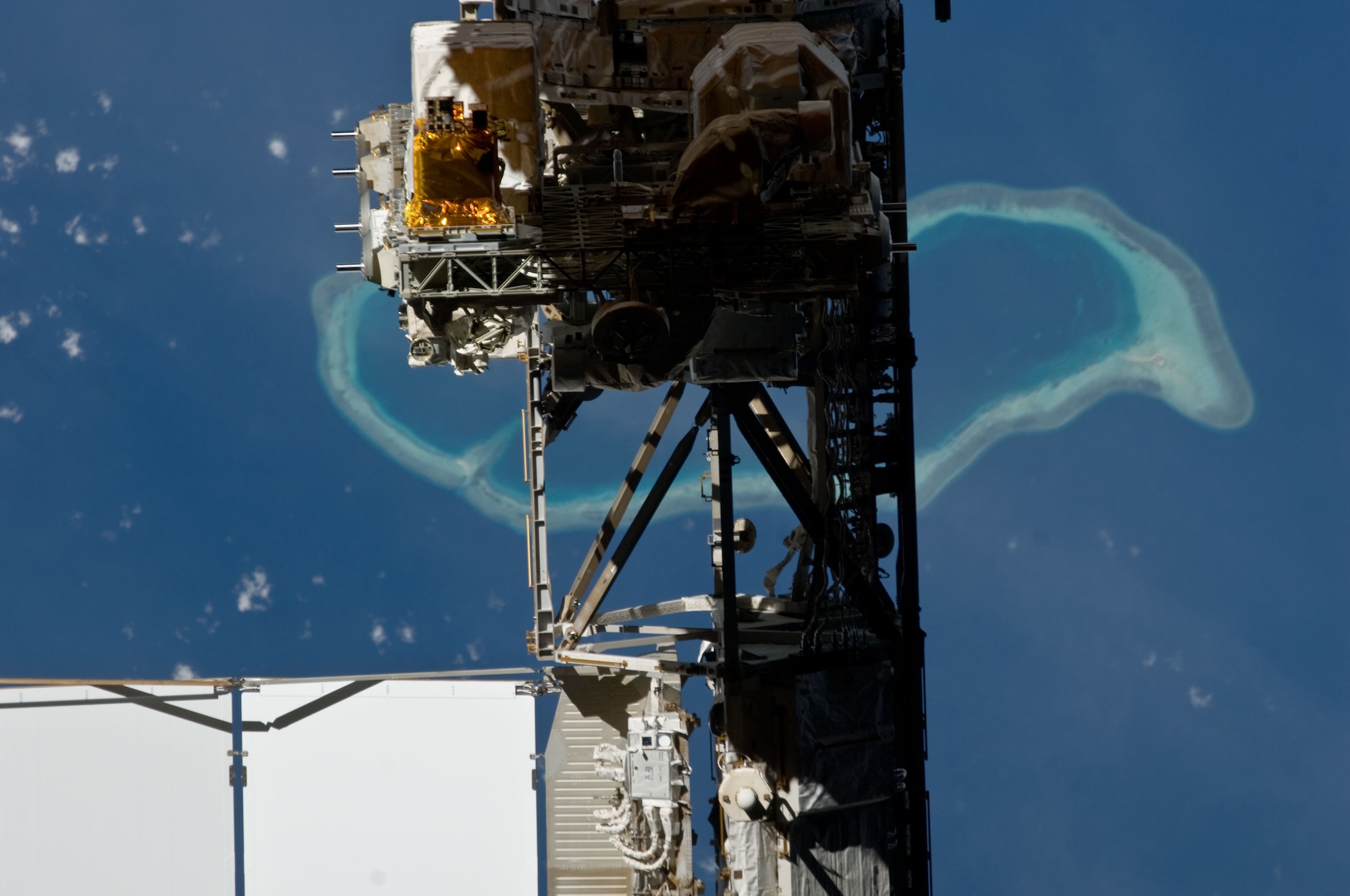 AFRL's VADER and MHTEX experiments aboard the International Space Station. The MHTEX experiment wrapped in red is in the upper left of photo and the attached box above and to the left is the VADER experiment. The two-year experiment demonstrated spacecraft thermal control. (NASA Photo)