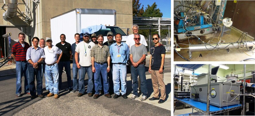 The AFRL project team and equipment used to demonstrate and validate innovative techniques to sample, measure and characterize particulate matter emissions from aircraft turbine engines.  (AFRL Image)