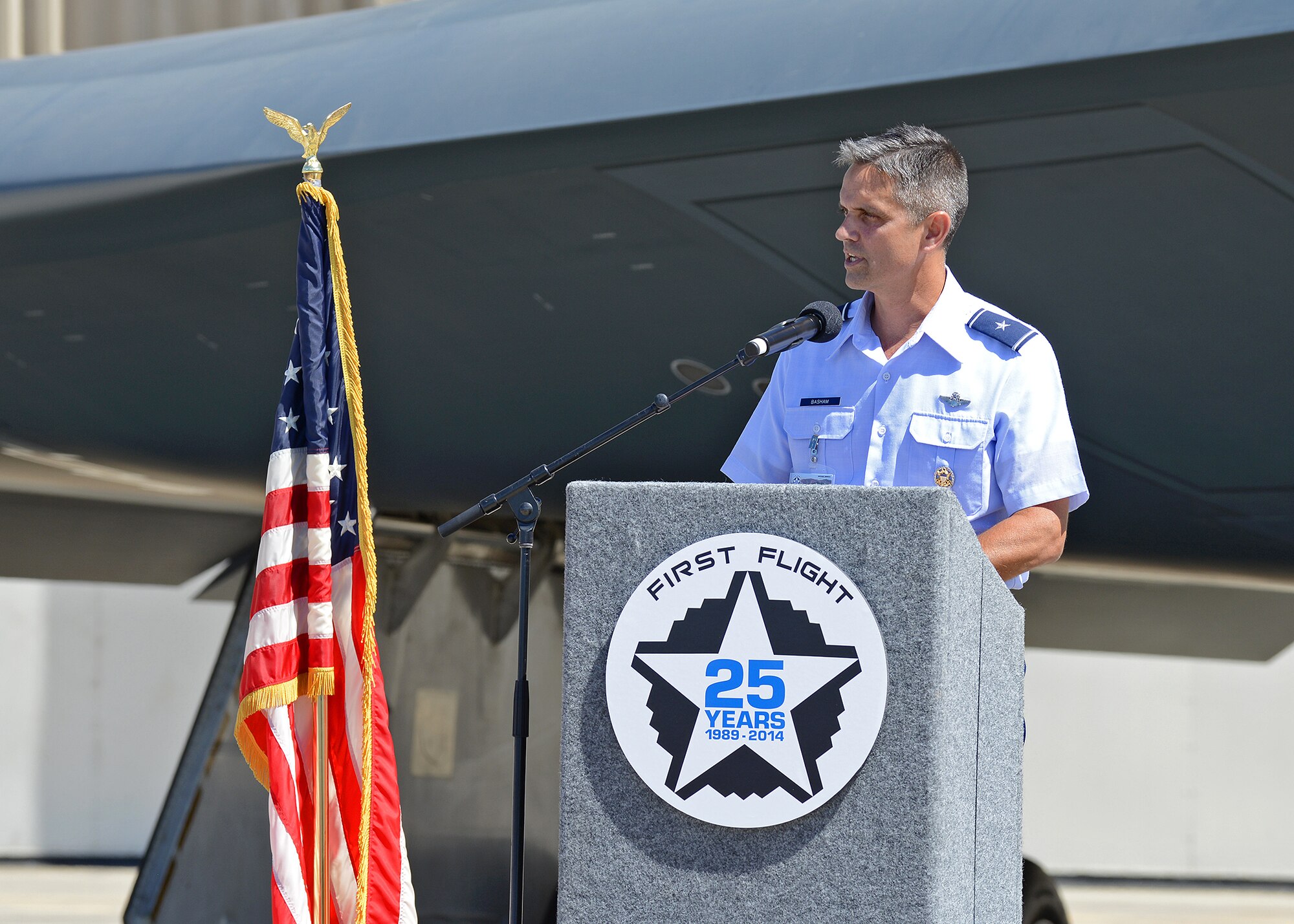 Brig. Gen. Steven Basham, Headquarters Pacific Air Forces director of strategy, plans and programs, addresses the role the B-2 Spirit has in the military. (U.S. Air Force photo by Jet Fabara)
