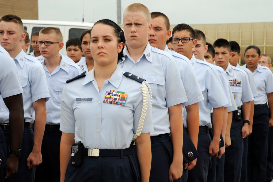 Civil Air Patrol cadets stand in formation at Barksdale Air Force Base, La., July 20, 2014. Around 72 CAP cadets went through a week-long encampment to get a better understanding of the Air Force. (U.S. Air Force photo/Tech. Sgt. Marie Brown)
