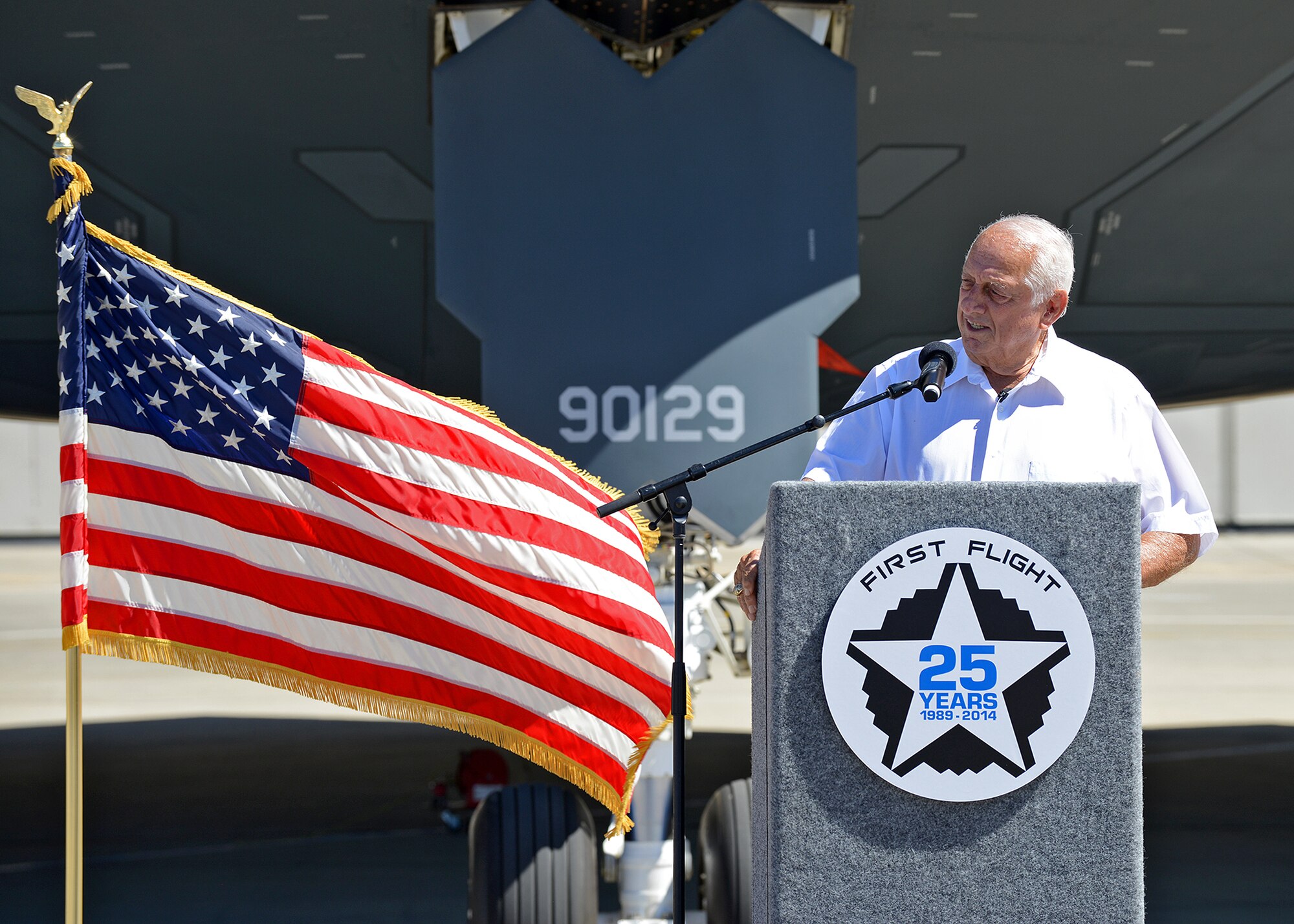 L.A. Dodgers great, Tommy Lasorda, was one of the guest speakers at the celebration of the 25th anniversary of the first flight of the B-2 Spirit July 17 at U.S. Air Force Plant 42. The Stealth Bomber made it's first flight July 17, 1989 from Palmdale, Calif. In the foreground sits the B-2 Stealth Bike, a custom motorcycle commissioned by Northrop Grumman to be built for the 20th anniversary of the Spirit's first flight. (U.S. Air Force photo by Jet Fabara)