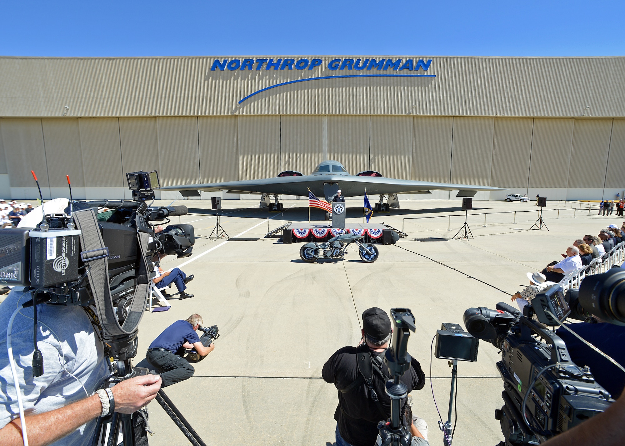 Multiple local media representatives, Northrop Grumman employees, civic leaders and military personnel were in attendance to witness the 25th anniversary of the B-2 Spirit. (U.S. Air Force photo by Jet Fabara)