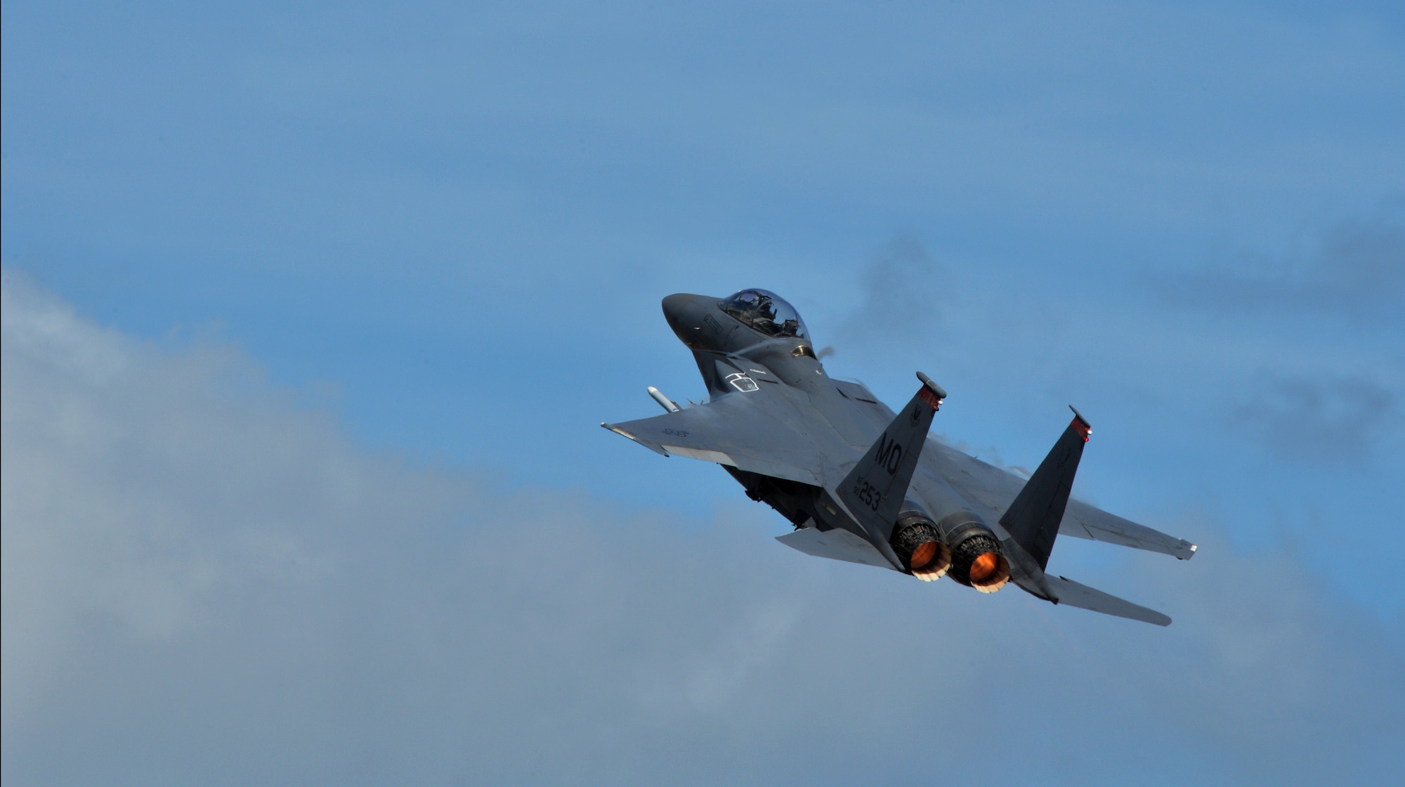 A 391st Fighter Squadron F-15E Strike Eagle takes off during a mission July 16, 2014, at Joint Base Pearl Harbor-Hickam, Hawaii. The 391st FS is currently on a two-month deployment here from Mountain Home Air Force Base, Idaho. While here, the squadron’s F-15Es have participated in Rim of the Pacific 2014 exercise missions. RIMPAC is a U.S. Pacific Command-hosted biennial multinational maritime exercise designed to foster and sustain international cooperation on the security of the world’s oceans. (U.S. Air Force photo by Staff Sgt. Alexander Martinez/Released)