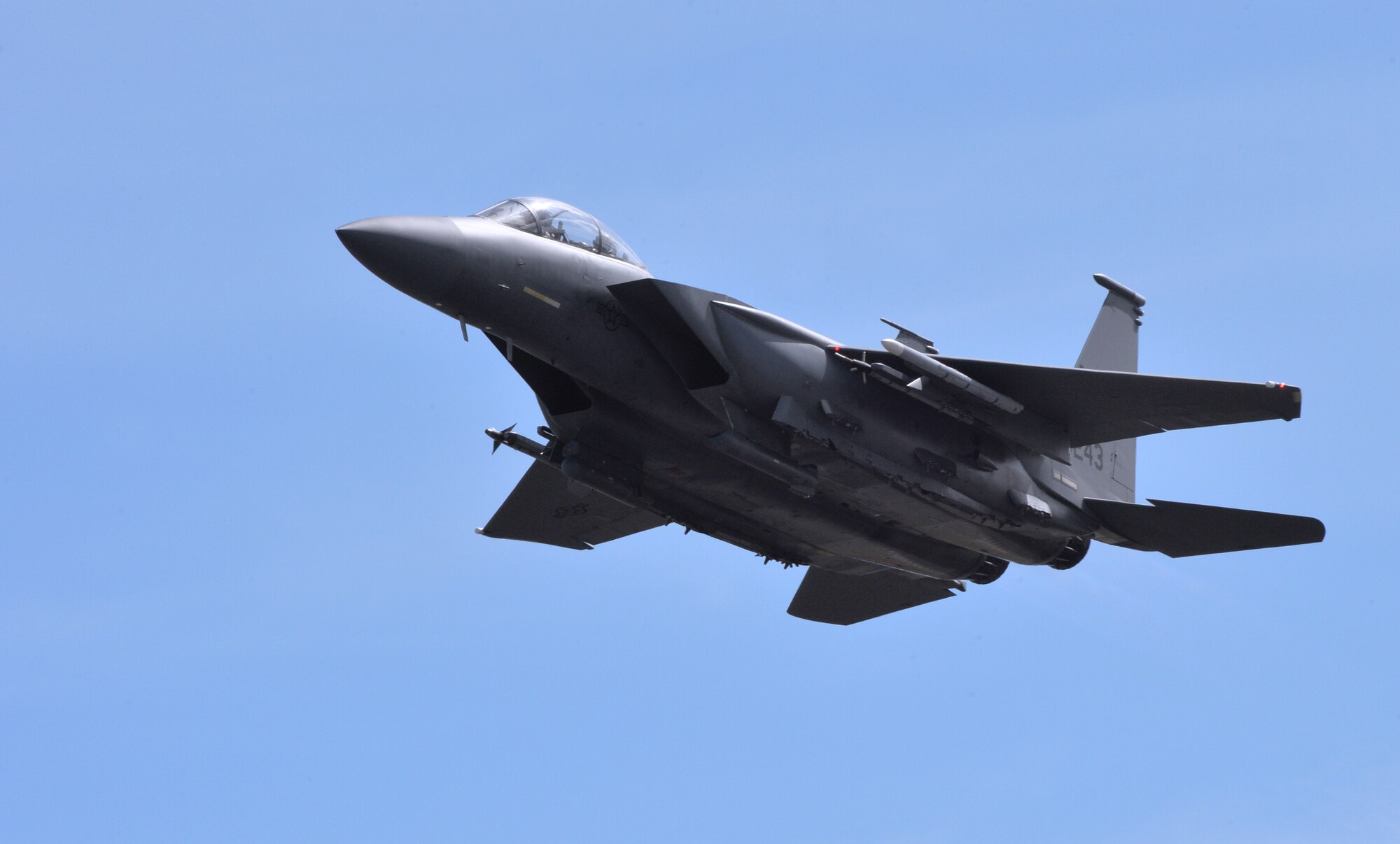 A 391st Fighter Squadron F-15E Strike Eagle takes off during a mission July 16, 2014, at Joint Base Pearl Harbor-Hickam, Hawaii. The 391st FS is currently on a two-month deployment here from Mountain Home Air Force Base, Idaho. While here, the squadron’s F-15Es have participated in Rim of the Pacific 2014 exercise missions. RIMPAC is a U.S. Pacific Command-hosted biennial multinational maritime exercise designed to foster and sustain international cooperation on the security of the world’s oceans. (U.S. Air Force photo by Staff Sgt. Alexander Martinez/Released)