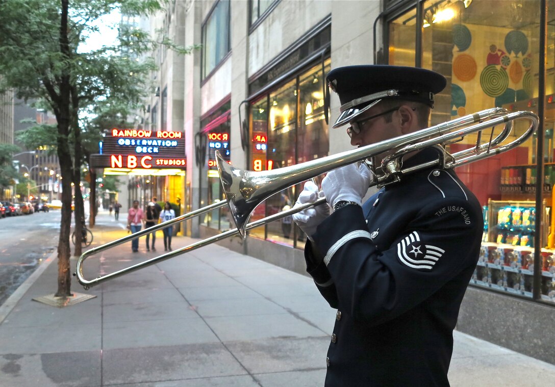 TSgt Tim Hilgert warms up outside of NBC studios in preparation for his premier "Today Show" appearance. (US Air Force photo by TSgt Brandon Chaney/released).