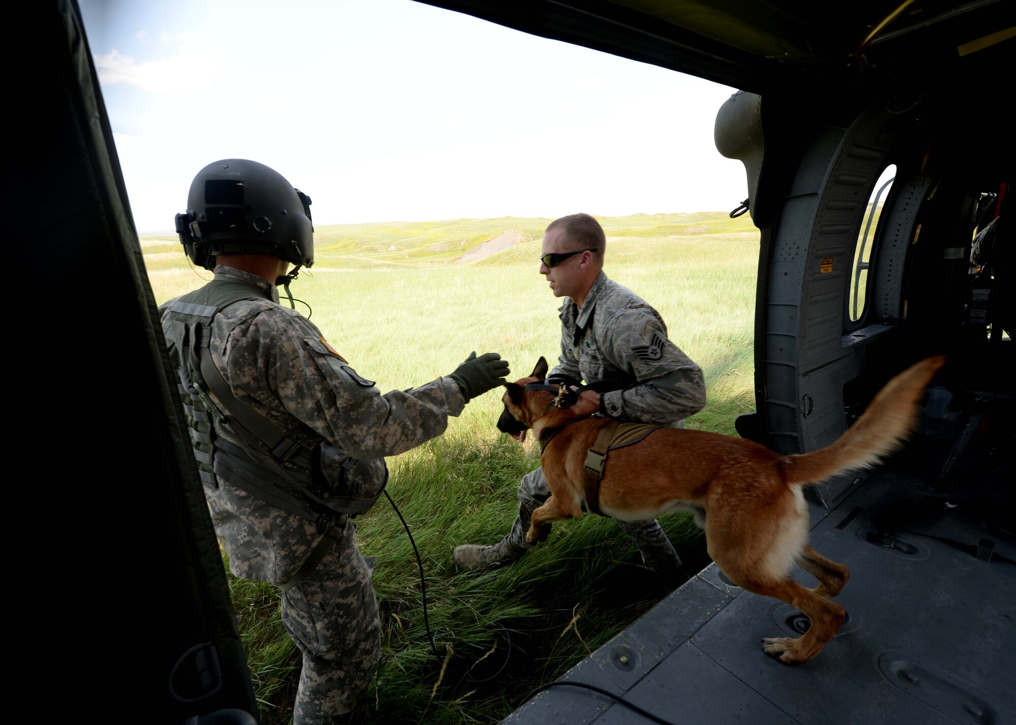 Nnicolas, a narcotics detection Military Working Dog, leaps out of a helicopter with his handler, Staff Sgt. Brian Turney, 28th Security Forces Squadron MWD handler, during a day of training in the outskirts of Rapid City, S.D., July 17, 2014. Helicopter training is one of many types of training MWDs go through to ensure canine teams are prepared to execute their mission in a wide-range of operational environments. (U.S. Air Force photo by Airman 1st Class Rebecca Imwalle/ Released)