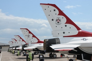 U.S. Air Force Thunderbirds arrive at the 148th Fighter Wing, Duluth, Minn., July 13, 2014.  The Thunderbirds are in Minnesota to provide a "flyover" for the 2014 Major League Baseball All-Star game which is being held at Target Field, Minneapolis, Minn.  (U.S. Air National Guard photo by Master Sgt. Ralph J. Kapustka/Released)