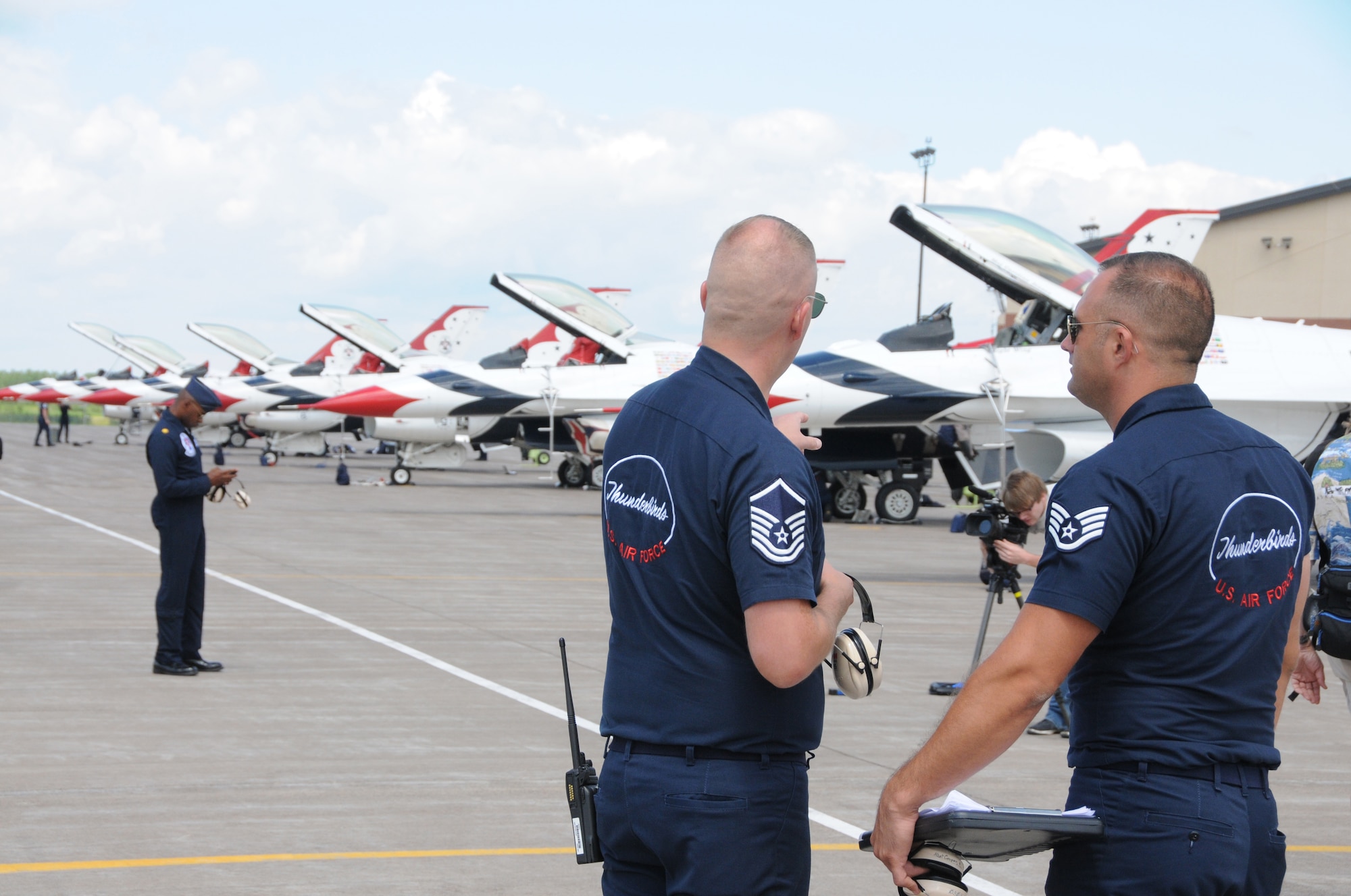 U.S. Air Force Thunderbirds arrive at the 148th Fighter Wing, Duluth, Minn., July 13, 2014.  The Thunderbirds are in Minnesota to provide a "flyover" for the 2014 Major League Baseball All-Star game which is being held at Target Field, Minneapolis, Minn.  (U.S. Air National Guard photo by Master Sgt. Ralph J. Kapustka/Released)