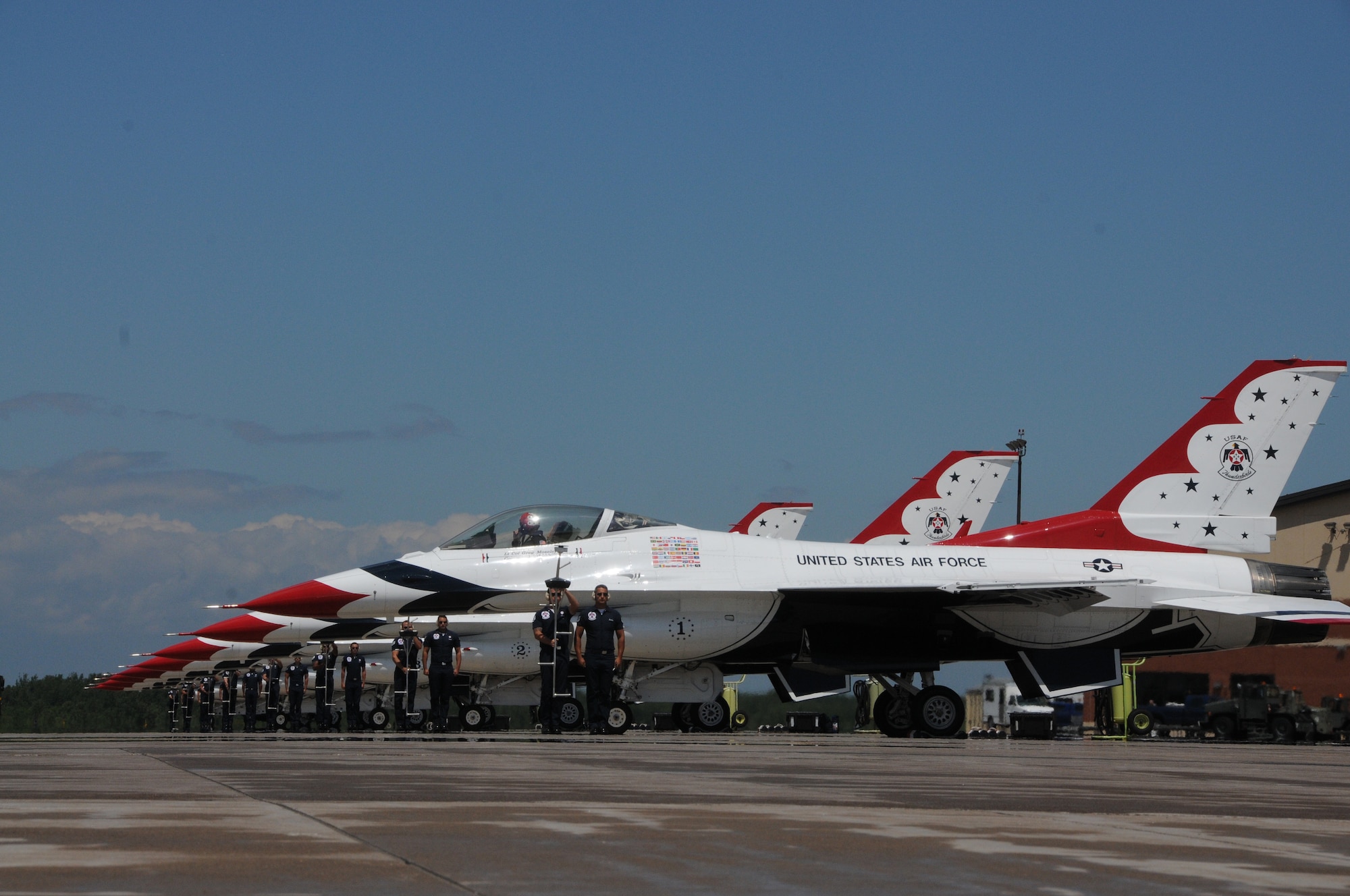 U.S. Air Force Thunderbirds arrive at the 148th Fighter Wing, Duluth, Minn., July 13, 2014.  The Thunderbirds are in Minnesota to provide a "flyover" for the 2014 Major League Baseball All-Star game which is being held at Target Field, Minneapolis, Minn.  (U.S. Air National Guard photo by Master Sgt. Ralph J. Kapustka/Released)