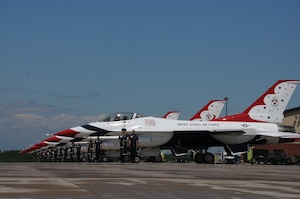 U.S. Air Force Thunderbirds arrive at the 148th Fighter Wing, Duluth, Minn., July 13, 2014.  The Thunderbirds are in Minnesota to provide a "flyover" for the 2014 Major League Baseball All-Star game which is being held at Target Field, Minneapolis, Minn.  (U.S. Air National Guard photo by Master Sgt. Ralph J. Kapustka/Released)