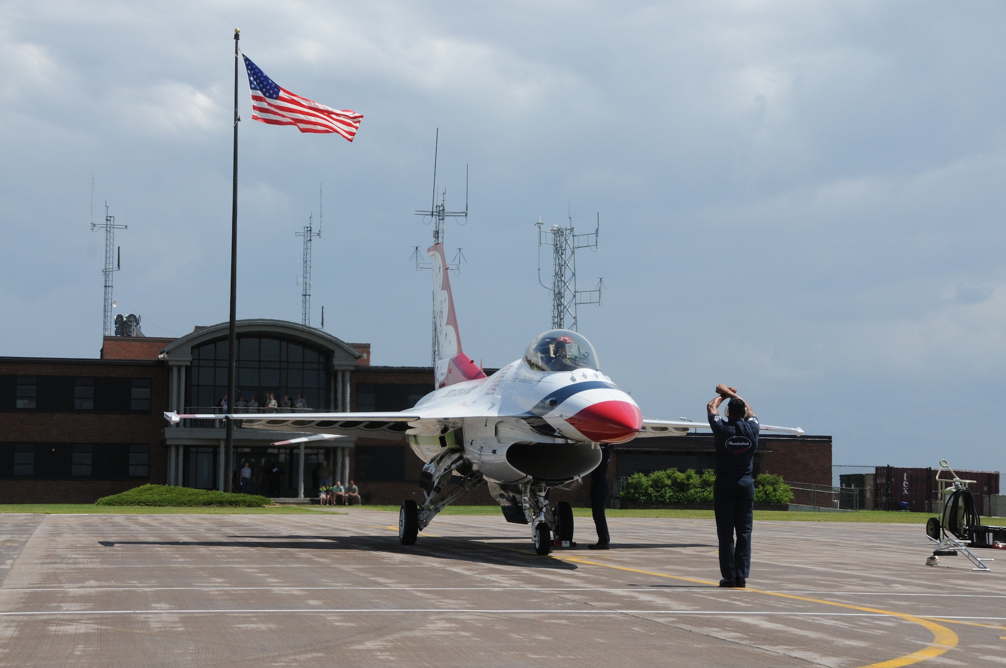 U.S. Air Force Thunderbirds arrive at the 148th Fighter Wing, Duluth, Minn., July 13, 2014.  The Thunderbirds are in Minnesota to provide a "flyover" for the 2014 Major League Baseball All-Star game which is being held at Target Field, Minneapolis, Minn.  (U.S. Air National Guard photo by Master Sgt. Ralph J. Kapustka/Released)