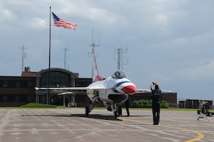 U.S. Air Force Thunderbirds arrive at the 148th Fighter Wing, Duluth, Minn., July 13, 2014.  The Thunderbirds are in Minnesota to provide a "flyover" for the 2014 Major League Baseball All-Star game which is being held at Target Field, Minneapolis, Minn.  (U.S. Air National Guard photo by Master Sgt. Ralph J. Kapustka/Released)