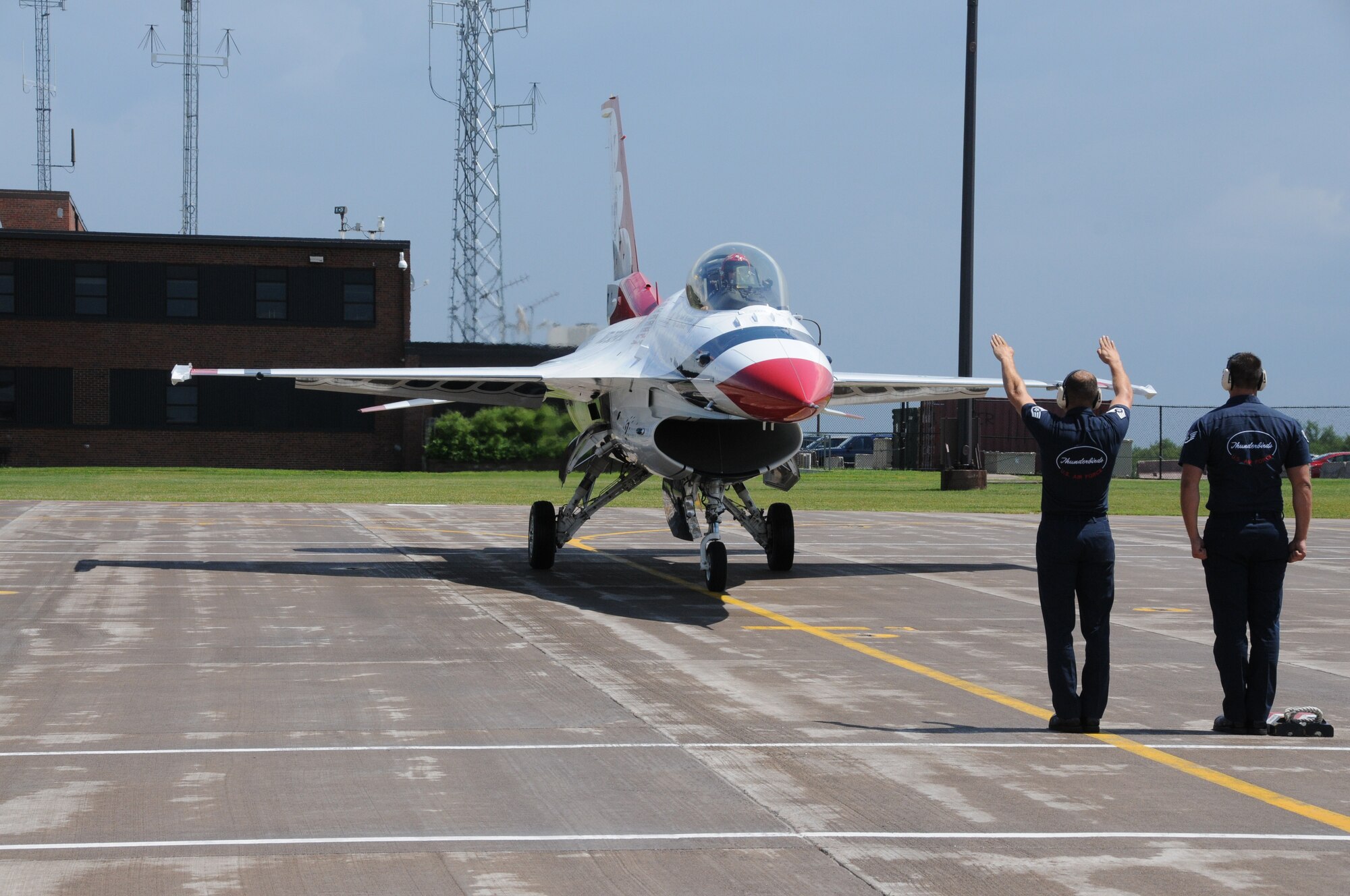 U.S. Air Force Thunderbirds arrive at the 148th Fighter Wing, Duluth, Minn., July 13, 2014.  The Thunderbirds are in Minnesota to provide a "flyover" for the 2014 Major League Baseball All-Star game which is being held at Target Field, Minneapolis, Minn.  (U.S. Air National Guard photo by Master Sgt. Ralph J. Kapustka/Released)