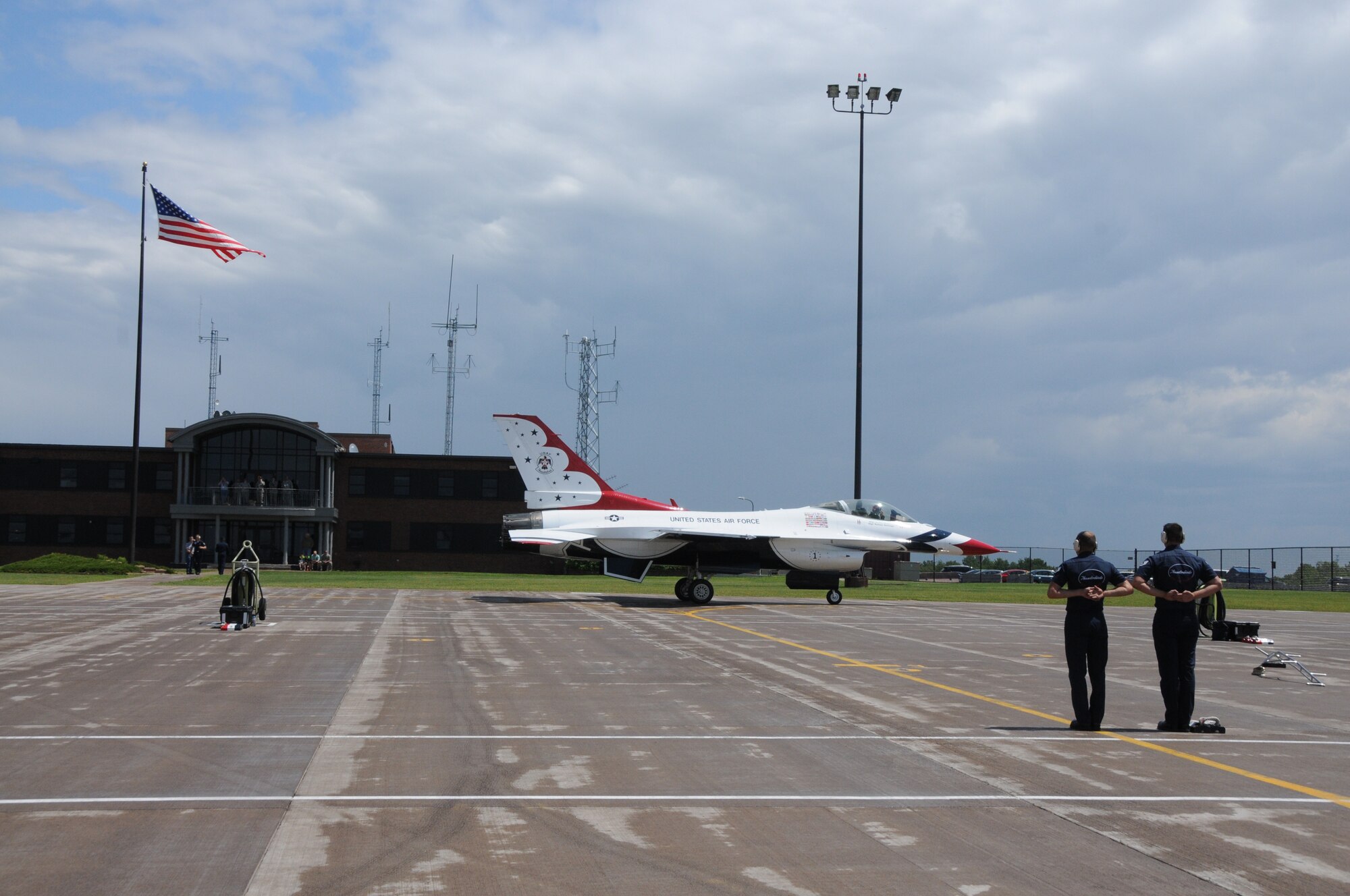 U.S. Air Force Thunderbirds arrive at the 148th Fighter Wing, Duluth, Minn., July 13, 2014.  The Thunderbirds are in Minnesota to provide a "flyover" for the 2014 Major League Baseball All-Star game which is being held at Target Field, Minneapolis, Minn.  (U.S. Air National Guard photo by Master Sgt. Ralph J. Kapustka/Released)