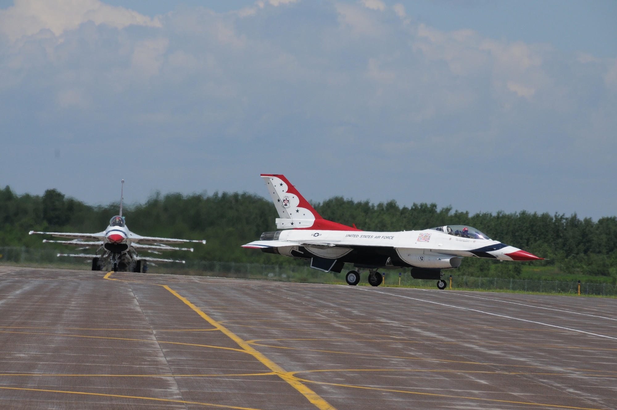 U.S. Air Force Thunderbirds arrive at the 148th Fighter Wing, Duluth, Minn., July 13, 2014.  The Thunderbirds are in Minnesota to provide a "flyover" for the 2014 Major League Baseball All-Star game which is being held at Target Field, Minneapolis, Minn.  (U.S. Air National Guard photo by Master Sgt. Ralph J. Kapustka/Released)