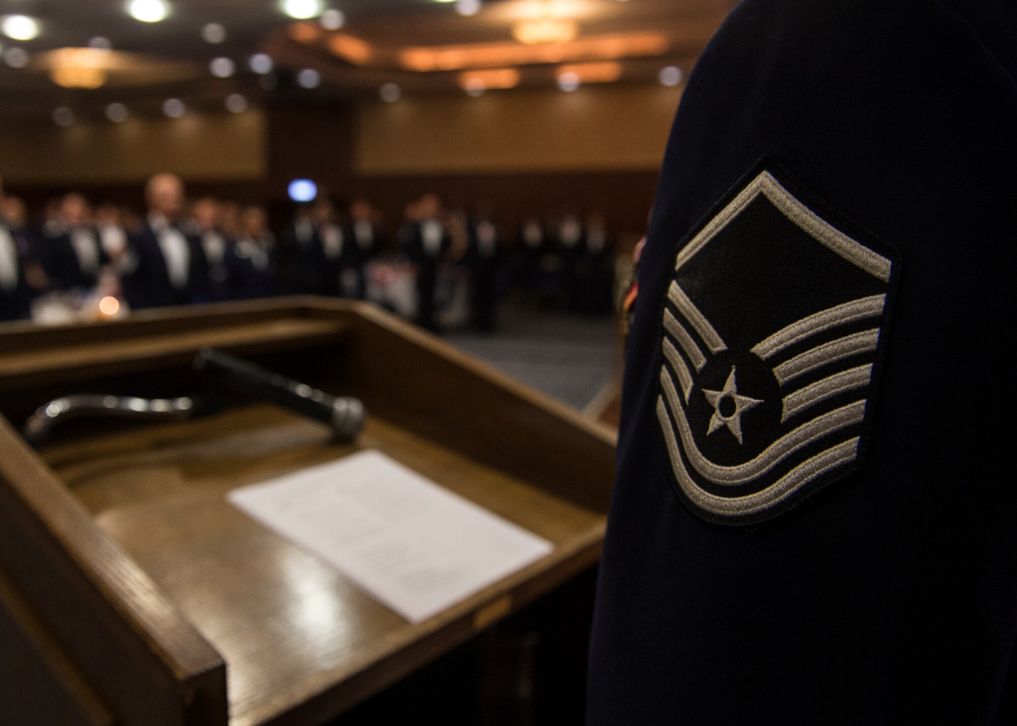 U.S. Air Force master sergeant stripes are displayed during the Senior NCO Induction Ceremony July 18, 2014, at Spangdahlem Air Base, Germany. The ceremony serves as a way to welcome technical sergeants into the senior NCO tier. (U.S. Air Force photo by Senior Airman Rusty Frank/Released)