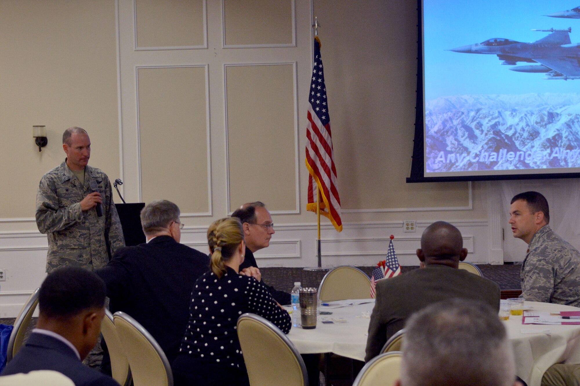U.S. Air Force Col. Stephen Jost, 20th Fighter Wing commander, gives the opening remarks at the small business at Shaw Air Force Base, S.C., July 16, 2014. The event was designed to enhance the Air Force Small Business Program and to increase small business participation in every eligible acquisition. (U.S. Air Force photo by Senior Airman Ashley L. Gardner/Released) 