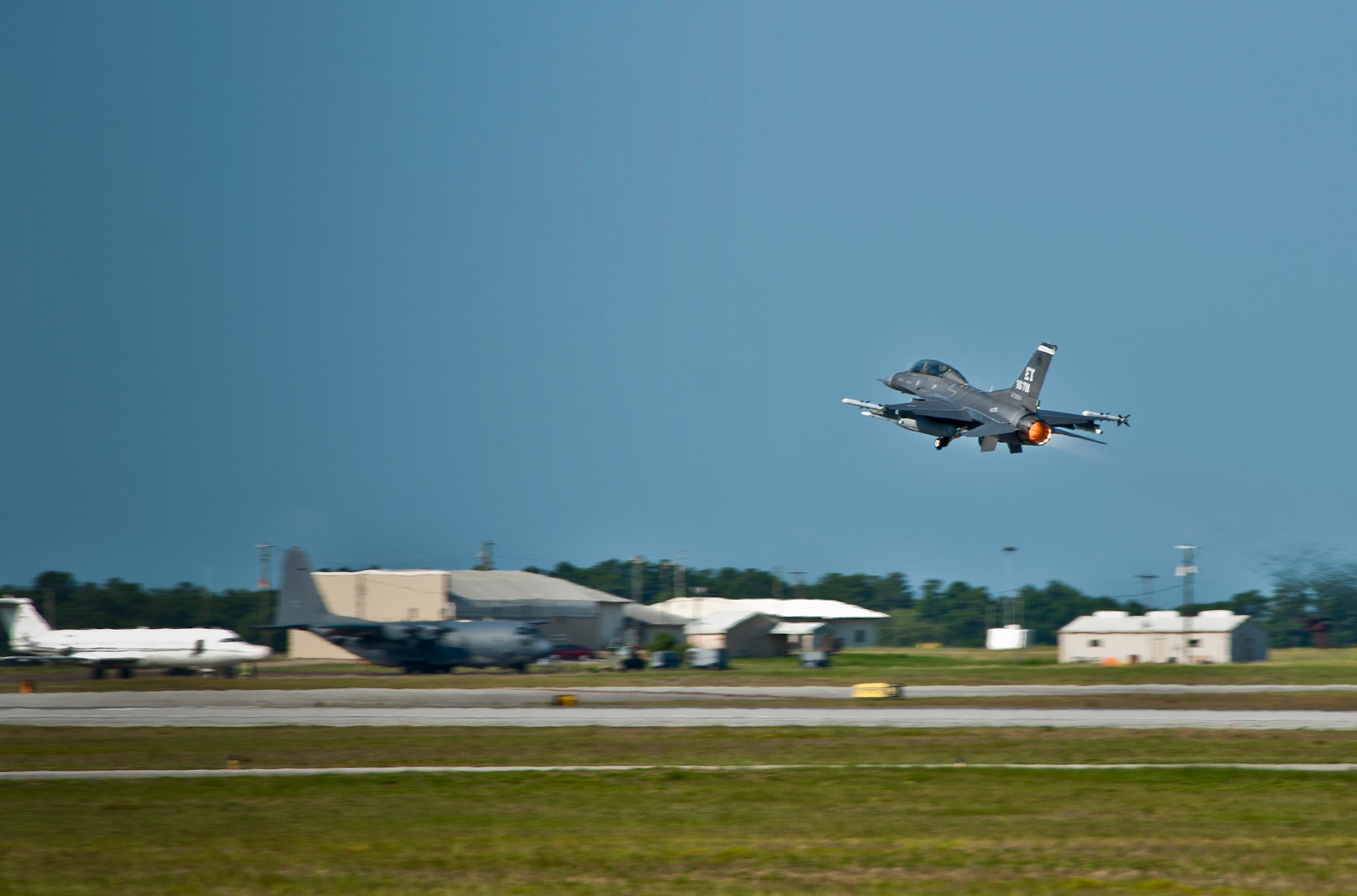 The 96th Test Wing's flagship F-16 takes off from Eglin Air Force Base, Fla., for a routine test mission in June. The F-16 is flown by the 40th Flight Test Squadron which provides developmental test and evaluation for F-15s, F-16s and A-10s as part of the 96th Test Wing. (U.S. Air Force photo/Sara Vidoni)