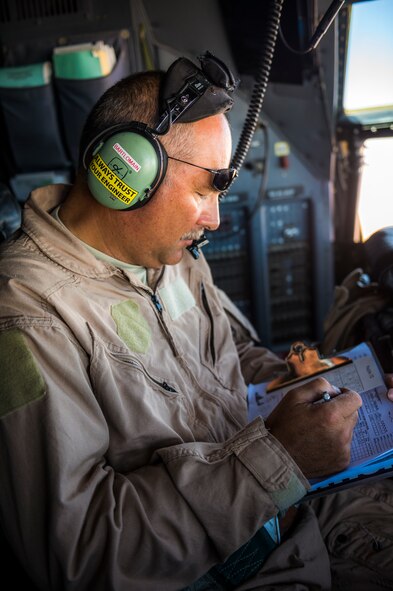 U.S. Air Force Master Sgt. Vincent Bartolmain, 737th Expeditionary Airlift Squadron flight engineer, completes a Sudoku puzzle while taking a break during flight onboard a C-130H Hercules July 20, 2014 at an undisclosed location in Southwest Asia. Bartolmain deployed here from the 910th Airlift Wing, Youngstown Air Reserve Station, Ohio in support of Operation Enduring Freedom. (U.S. Air Force photo by Staff Sgt. Jeremy Bowcock)