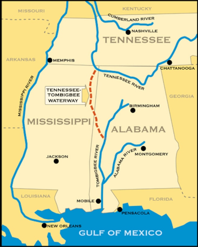 This map shows the Tennessee-Tombigbee (Tenn-Tom) Waterway, managed by the Mobile District U.S. Army Corps of Engineers. Mobile District is teaming up with Huntsville Center to improve the infrastructure along the waterway through the first-ever Energy Savings Performance Contract executed for a Corps Civil Works project.