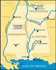This map shows the Tennessee-Tombigbee (Tenn-Tom) Waterway, managed by the Mobile District U.S. Army Corps of Engineers. Mobile District is teaming up with Huntsville Center to improve the infrastructure along the waterway through the first-ever Energy Savings Performance Contract executed for a Corps Civil Works project.
