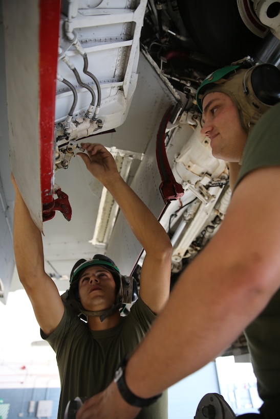 Lance Cpl. Christopher Carter, left, and Cpl. Tyler Caldwell rig a main landing gear forward door underneath an EA-6B Prowler inside the Marine Tactical Electronic Warfare Squadron 2 hangar July 15, 2014. Carter and Caldwell are both airframes mechanics with the squadron.


