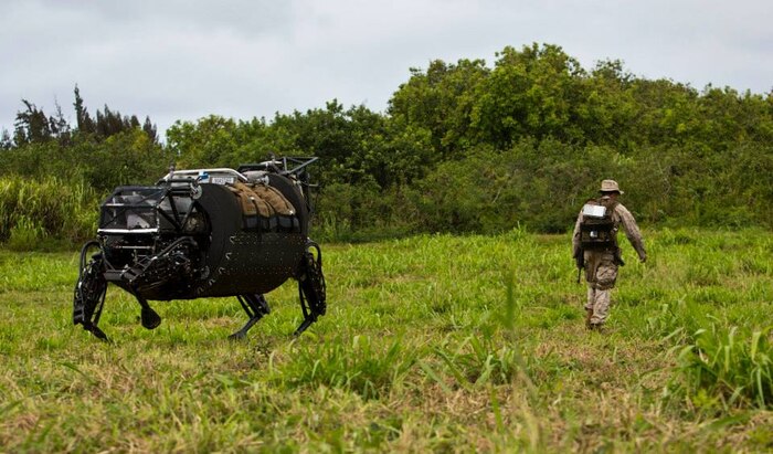 The Legged Squad Support System (LS3) on patrol with a Marine during the Advanced Warfighting Experiment (AWE), part of RIMPAC 2014. 