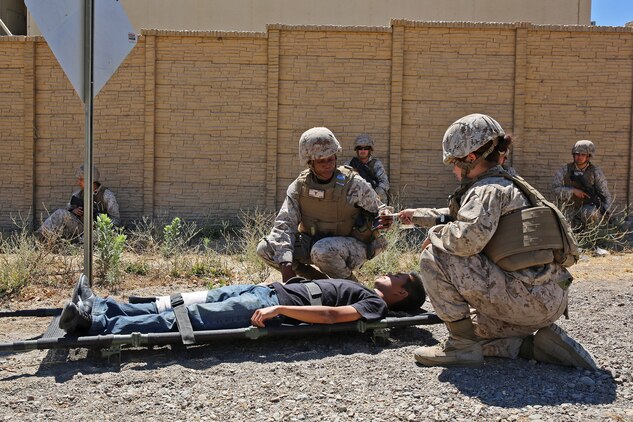 Marines and corpsmen with Combat Logistics Battalion 15, 1st Marine Logistics Group, provide security and prepare a simulated casualty for medical evacuation during a humanitarian aid exercise as part of CLB-15’s pre-deployment training with the Special Operations Training Group, 1st Marine Expeditionary Force, aboard Camp Pendleton, Calif., July 16, 2014. The exercise took place over the course of three days, and provided CLB-15 with a realistic and immersive experience. The simulation, set up by SOTG, put CLB-15’s Marines and sailors in the middle of a typhoon-ravaged rural Philippine area where they were tasked with providing humanitarian aid and disaster relief, similar to the situation faced by Marines with the 3rd Marine Expeditionary Force during the aftermath of Typhoon Haiyan in 2013. CLB-15 is slated to deploy with the 15th Marine Expeditionary Unit, 1st Marine 
Expeditionary Force.