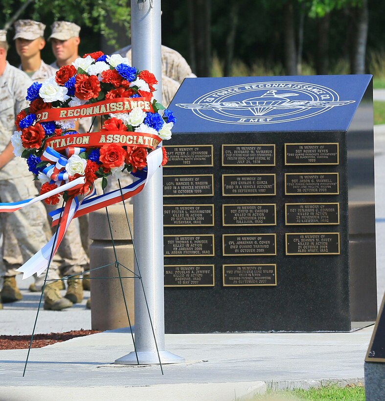 The 2nd Force Reconnaissance Company memorial outside of the unit’s headquarters building lists the name of the unit’s fallen Marines to remember the ultimate sacrifice they made during wars both past and present. The memorial was rededicated in a ceremony aboard Marine Corps Base Camp Lejeune, June 27. (Official Marine Corps photo by Cpl. Cameron O. Payne/released)


